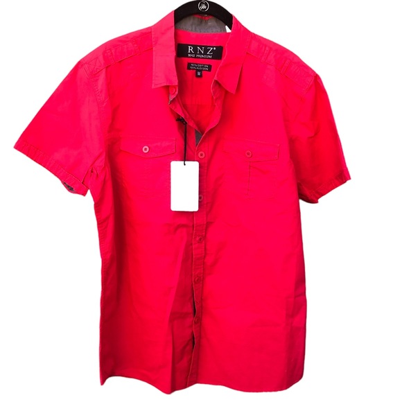 NWT NEW RNZ Premium Medium Shirt Red Button Up Short Sleeves Cotton - Picture 1 of 4